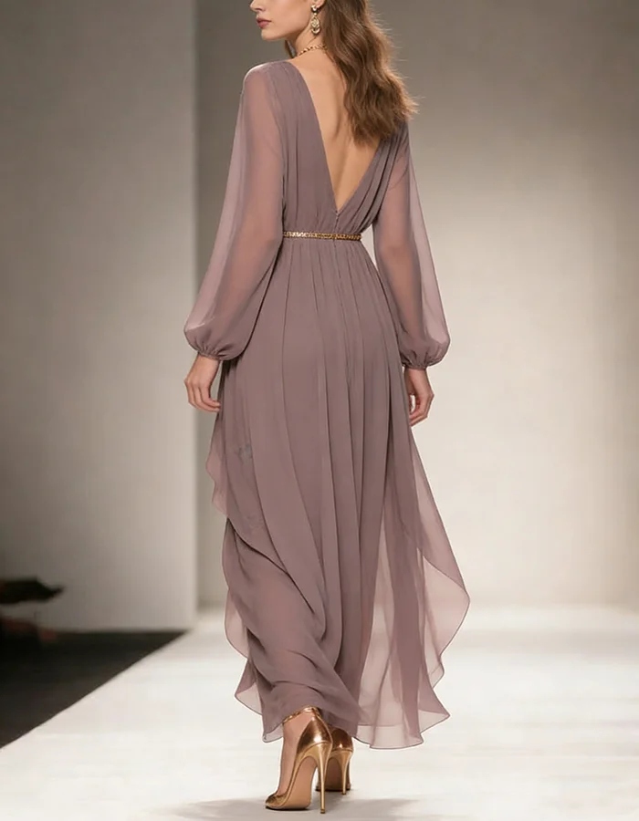 Dusty Mauve Chiffon V-Neck High-Low Maxi Dress