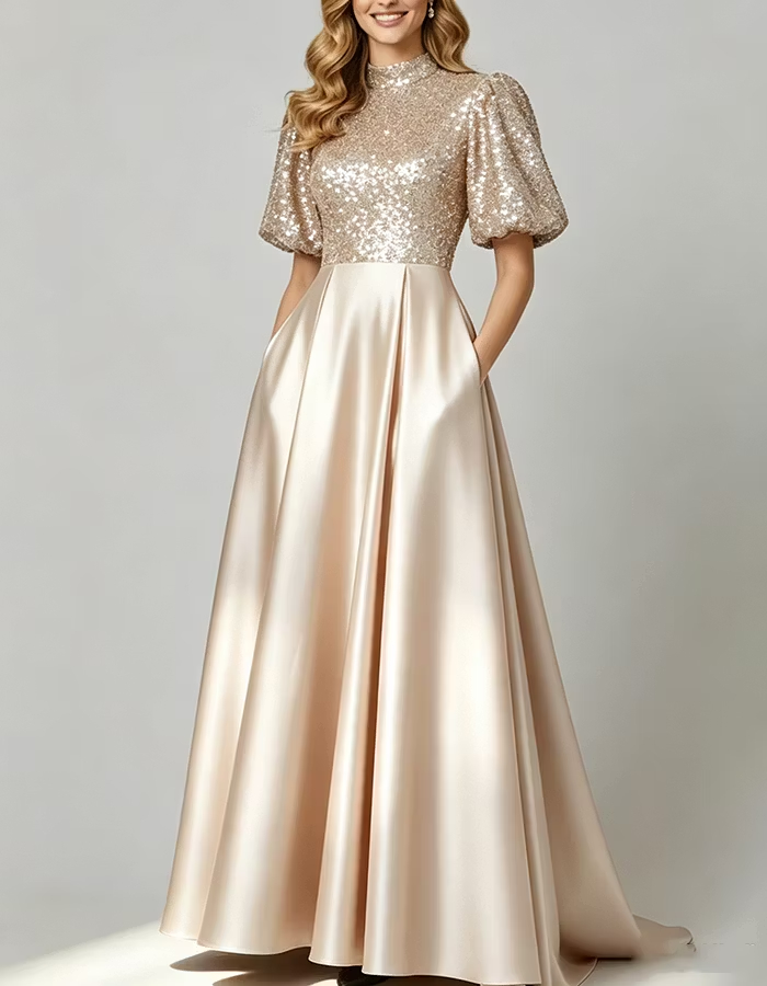 Navy Blue High‑Neck Puff Short‑Sleeve Sequin‑Bodice Satin A‑Line Maxi Dress