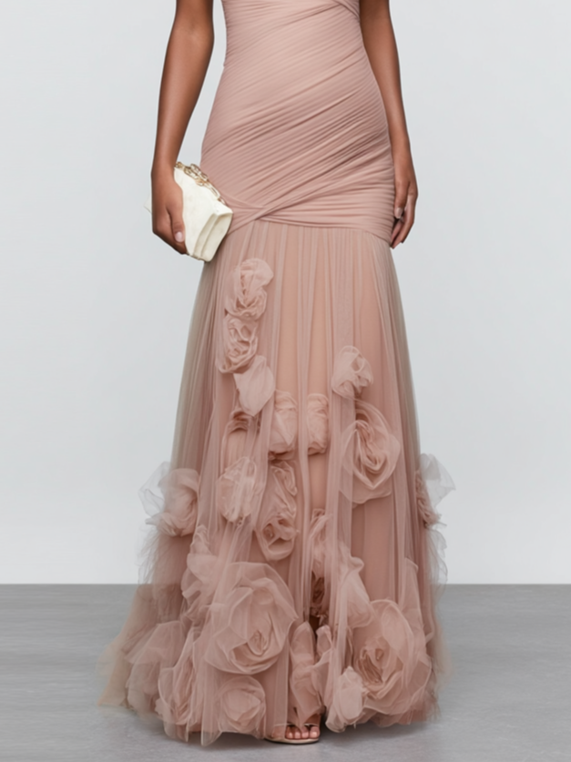 Pink 3D Floral Ruched Tulle Strapless Sleeveless Mermaid Maxi Dress