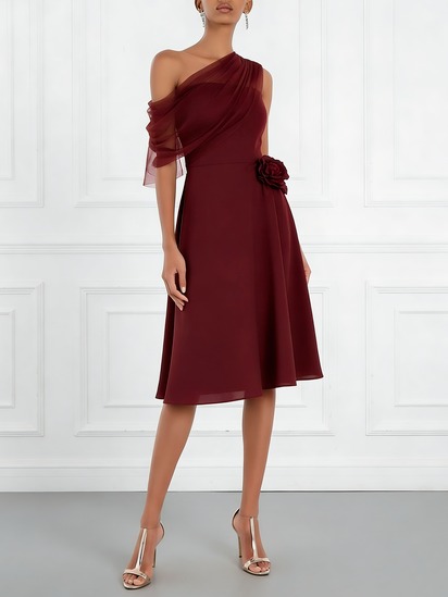 Burgundy 3D Floral Chiffon One Shoulder Sleeveless A-Line Midi Dress