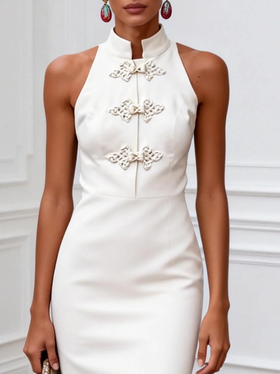 White Buckle Classic Mock Neck Sleeveless Sheath Midi Dress