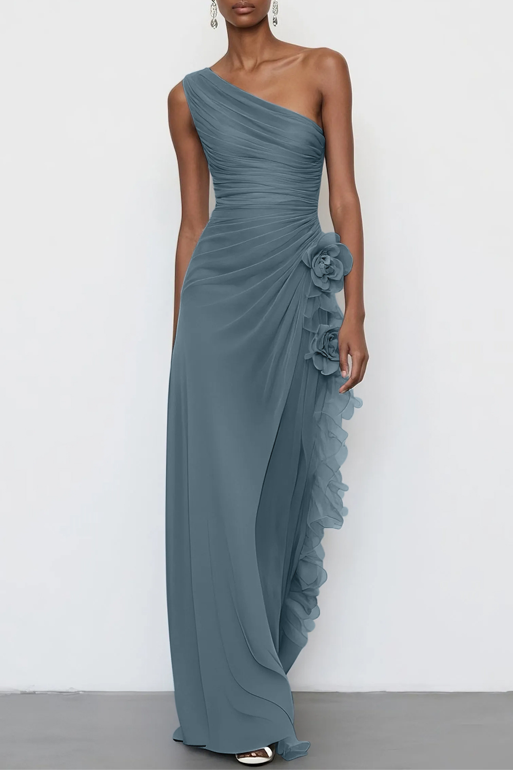 Light Blue 3D Floral Chiffon One Shoulder Sleeveless Sheath Maxi Dress