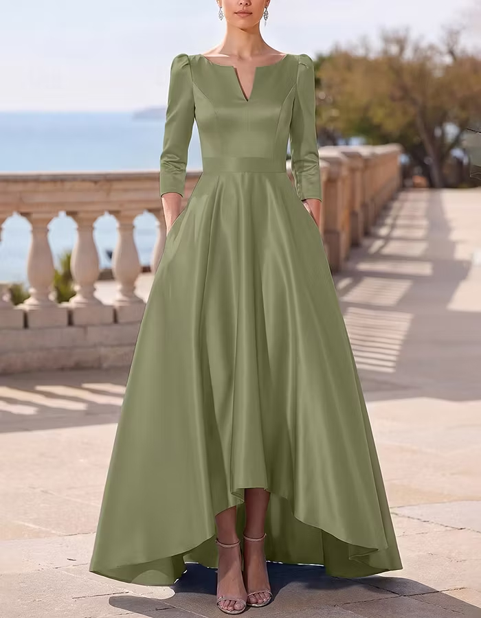 Light Blue Notch V‑Neck Three‑Quarter Sleeve Satin High‑Low A‑Line Maxi Dress