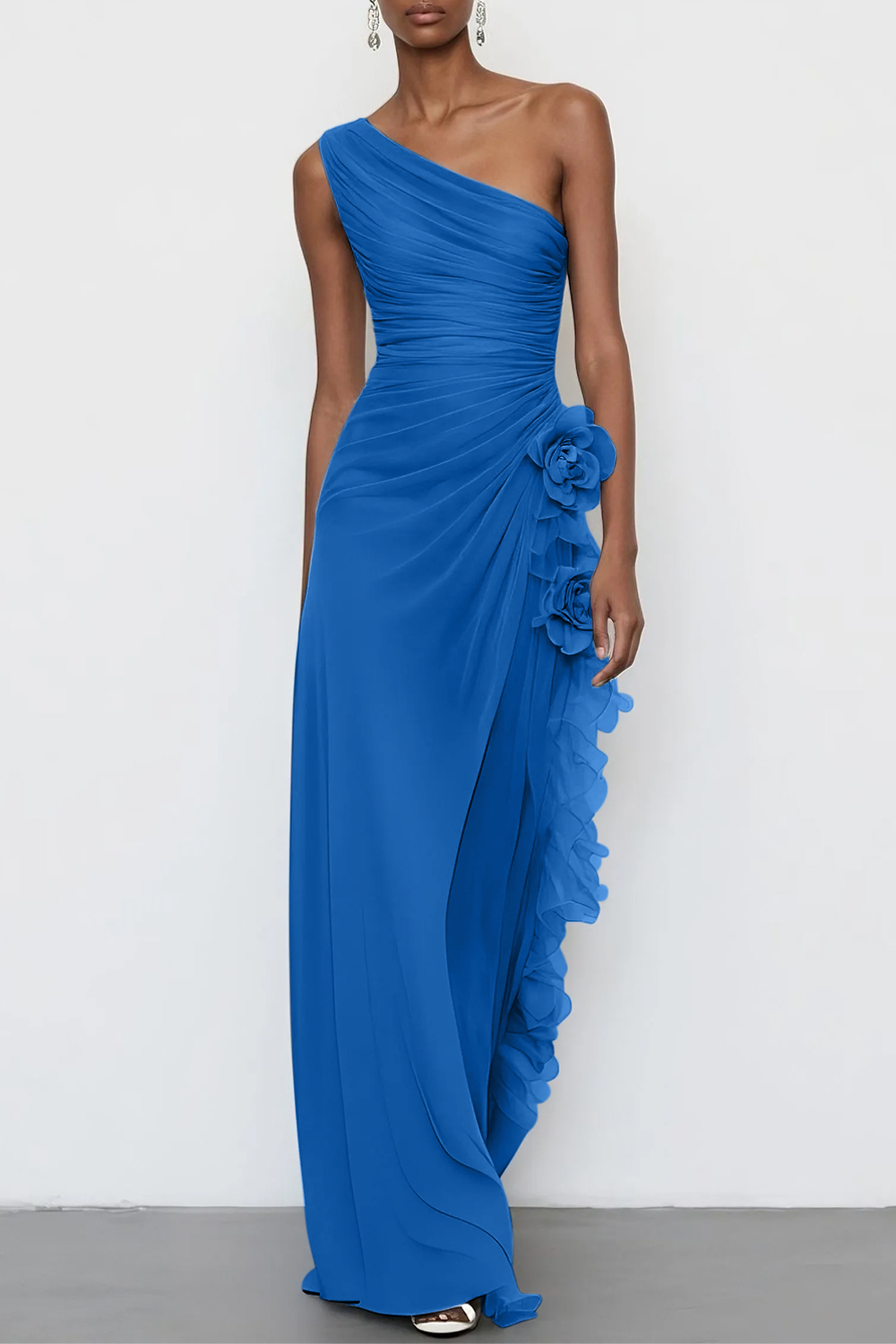 Light Blue 3D Floral Chiffon One Shoulder Sleeveless Sheath Maxi Dress