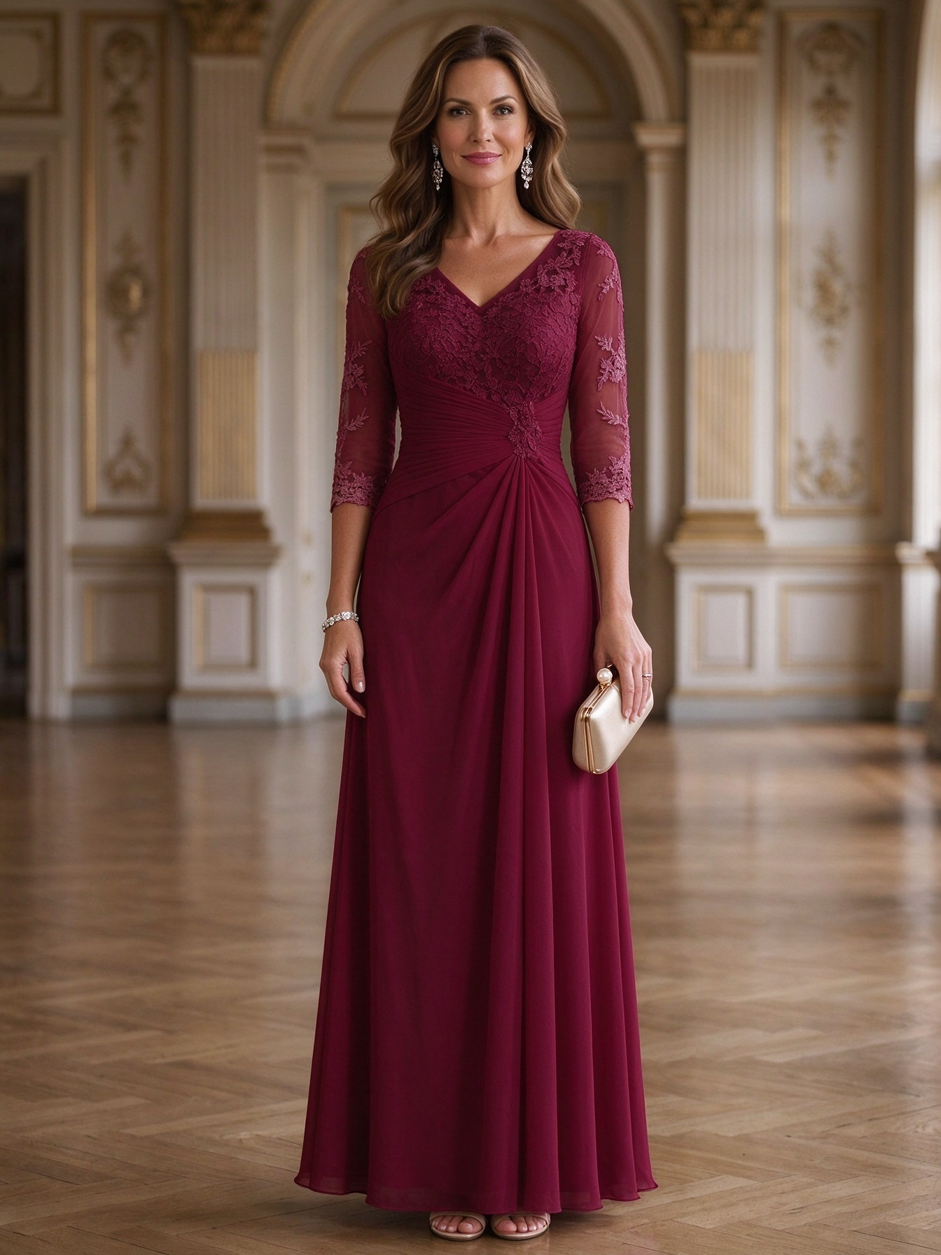 Champagne Lace Chiffon V-Neck Maxi Dress