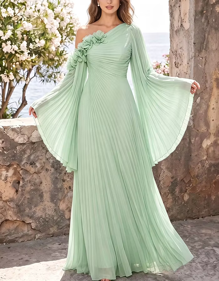 Light Blue One‑Shoulder 3D Floral Pleated Bell‑Sleeve Chiffon Maxi Dress