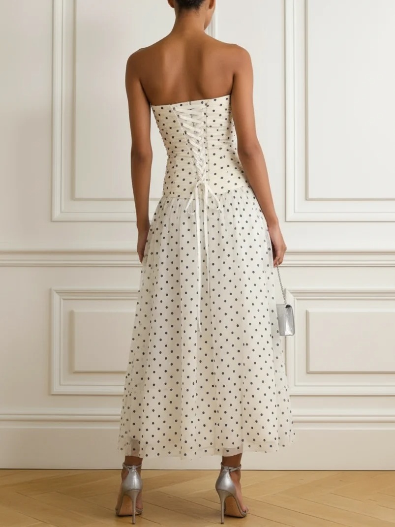 White Ruched Chiffon Strapless Sleeveless A-Line Midi Dress