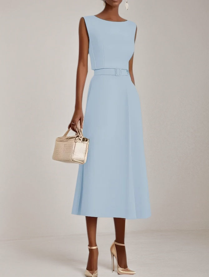 Light Blue Classic Boat Neck Sleeveless A Line Midi Dress