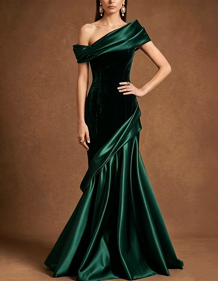 Navy Blue One Shoulder Velvet Satin Mermaid Evening Dress