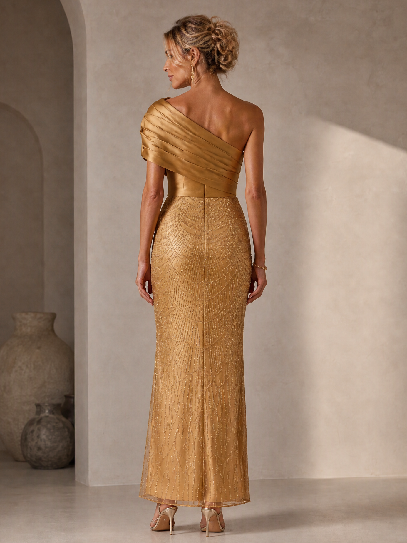 Gold One-Shoulder Satin Sequin Embroidery Mermaid Maxi Dress