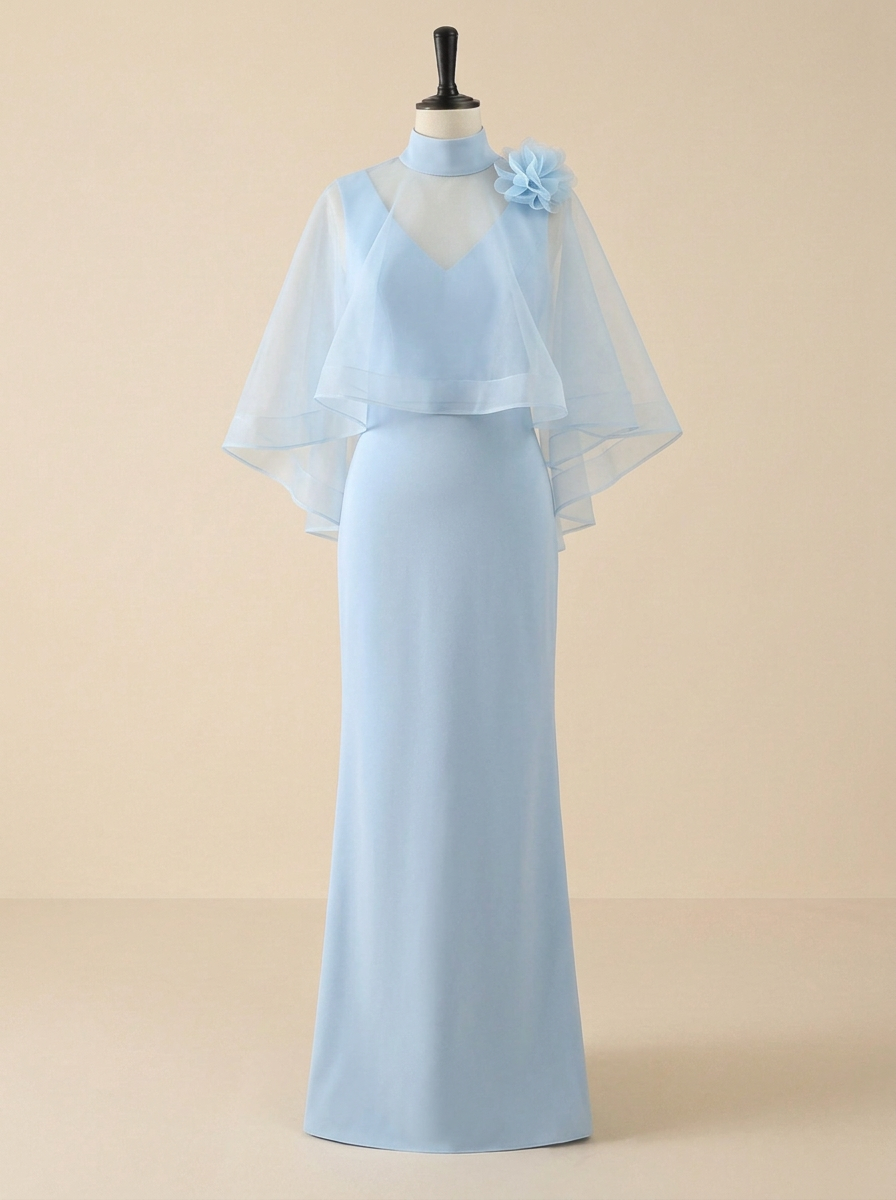 Dusty Pink Chiffon Mock Neck Cape Sleeve Mermaid Floor‑Length Maxi Dress
