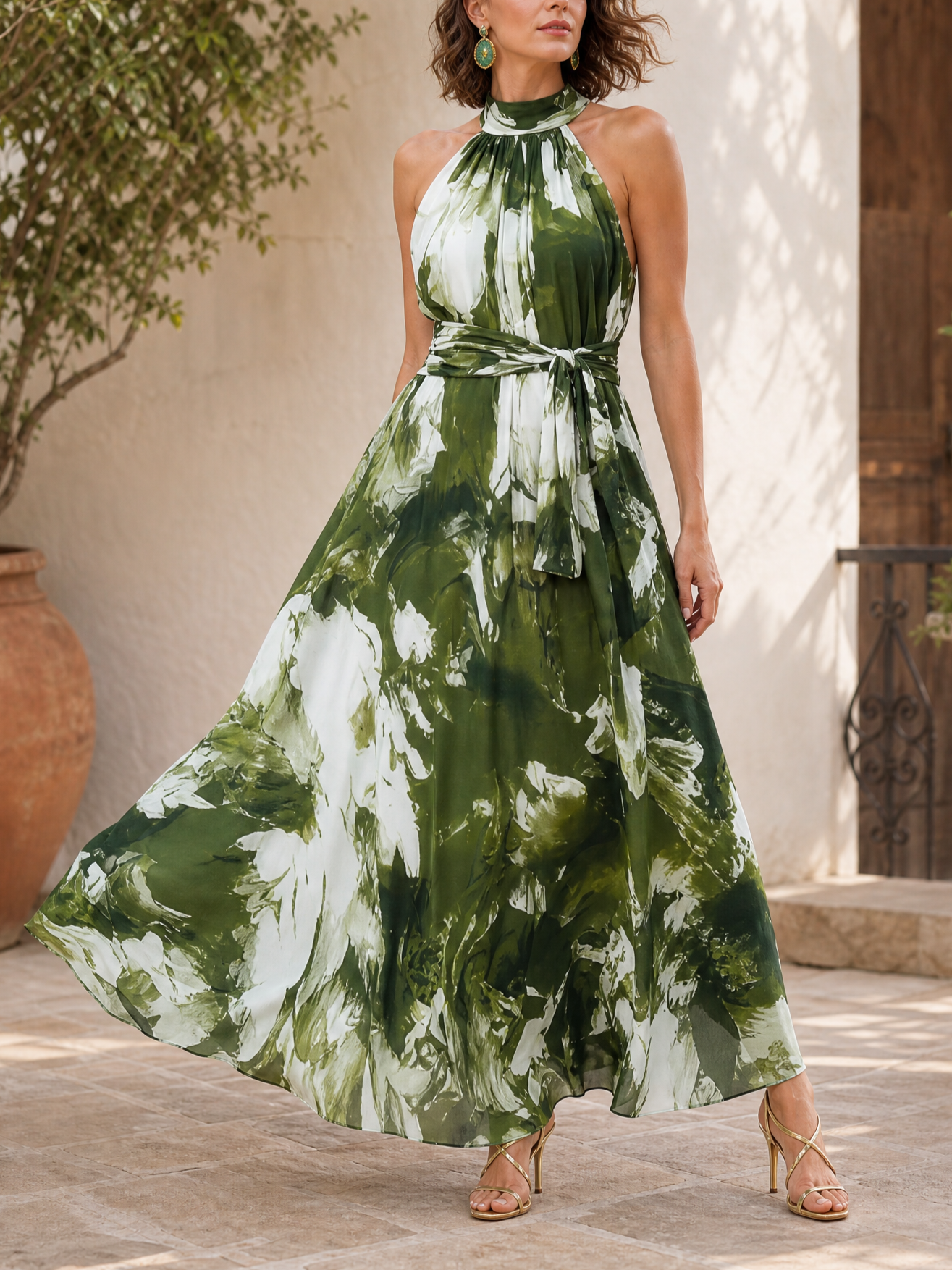 Ethereal Emerald Green Abstract Print Halter Sleeveless A-Line Maxi Gown Dress