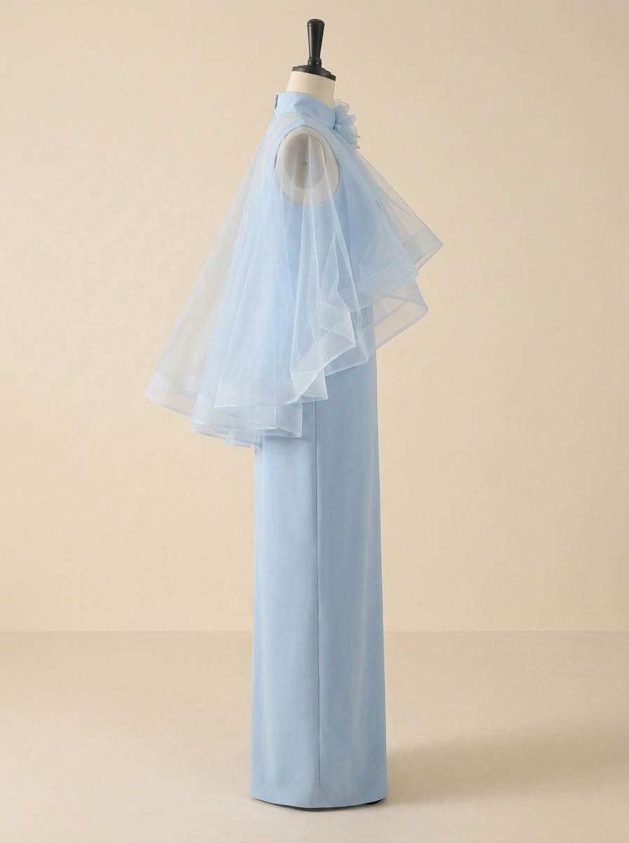 Dusty Pink Chiffon Mock Neck Cape Sleeve Mermaid Floor‑Length Maxi Dress