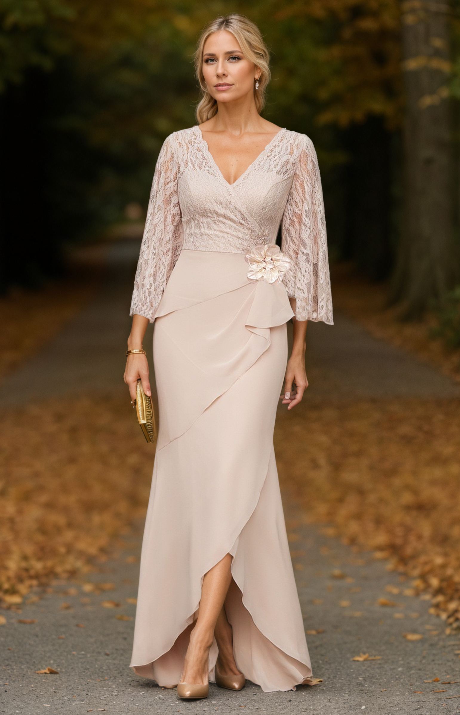 Wedding Dress Apricot V Neck Lace Maxi Mother of the Bride Dress