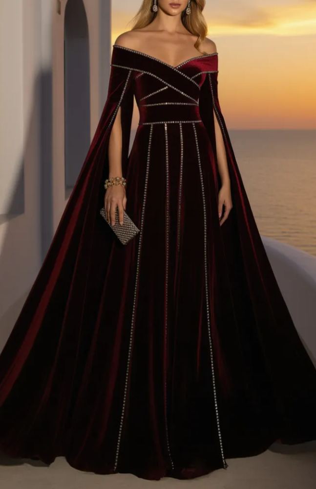 Formal Burgundy Velvet Dress Off The Shoulder Long Sleeve Maxi Gown
