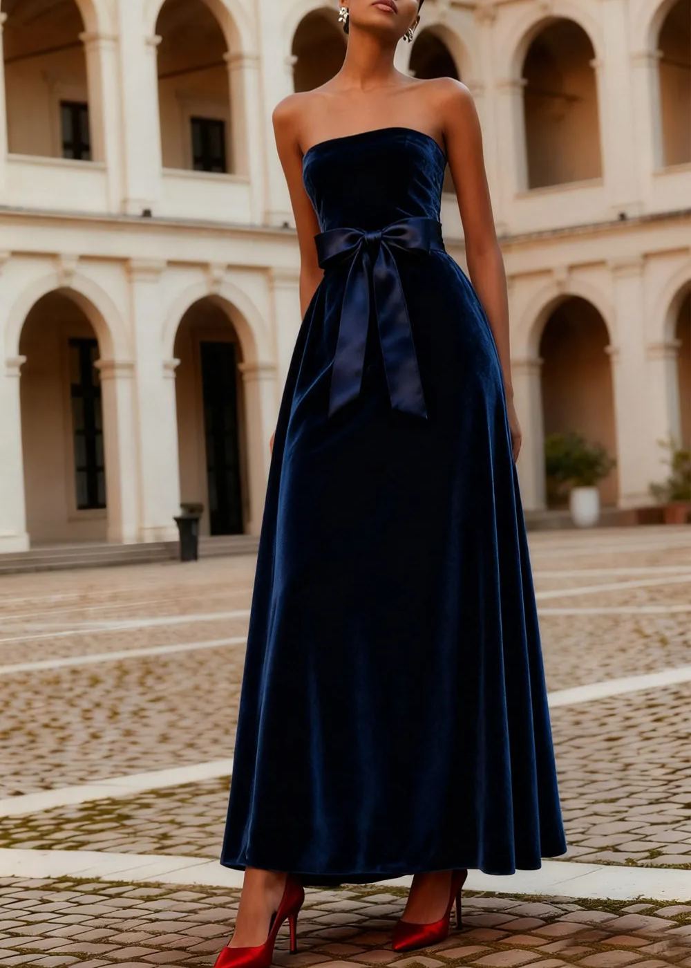 Navy A-Line Strapless Velvet Long Formal Dress with Bow