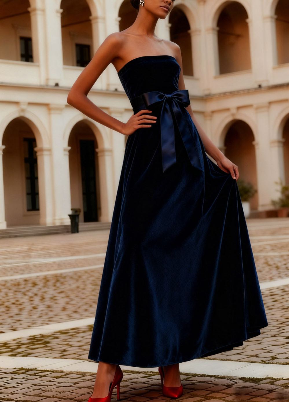 Navy A-Line Strapless Velvet Long Formal Dress with Bow