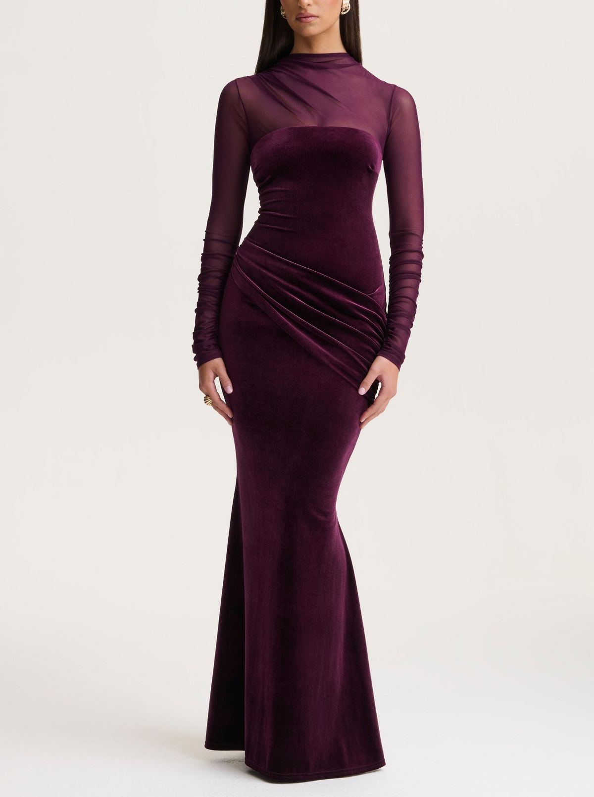 Plum Velvet High-Neck Maxi Dress With Draped-Detailing