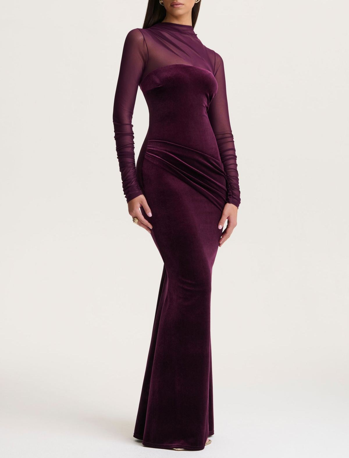 Plum Velvet High-Neck Maxi Dress With Draped-Detailing