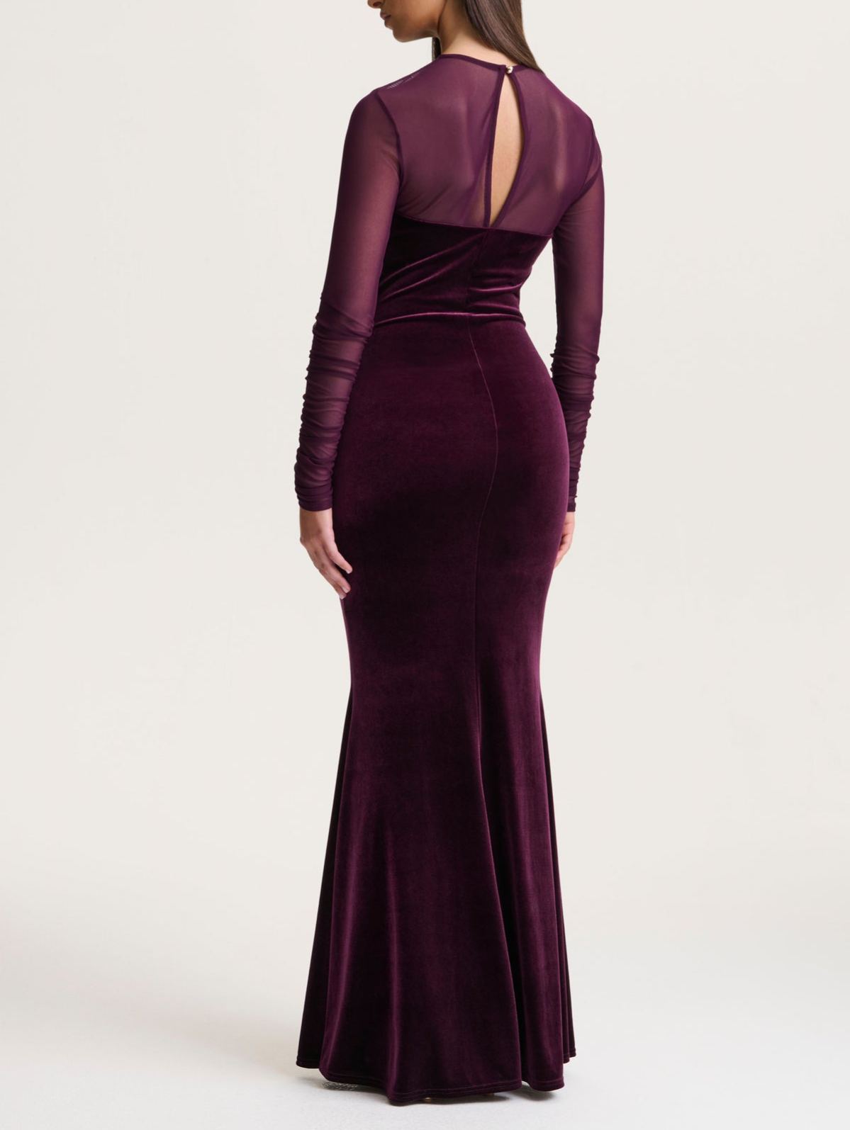 Plum Velvet High-Neck Maxi Dress With Draped-Detailing