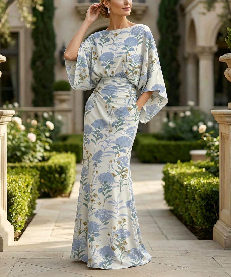 Sheath Chiffon Floral Print Cape Sleeves Mother of the Bride & Groom Dresses for Formal Wedding