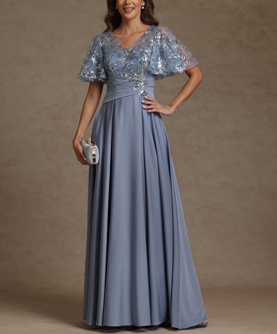 A-Line/Princess V-Neck Illusion Pleated Satin Floor-Length Mother of the Bride Dresses with Sequins