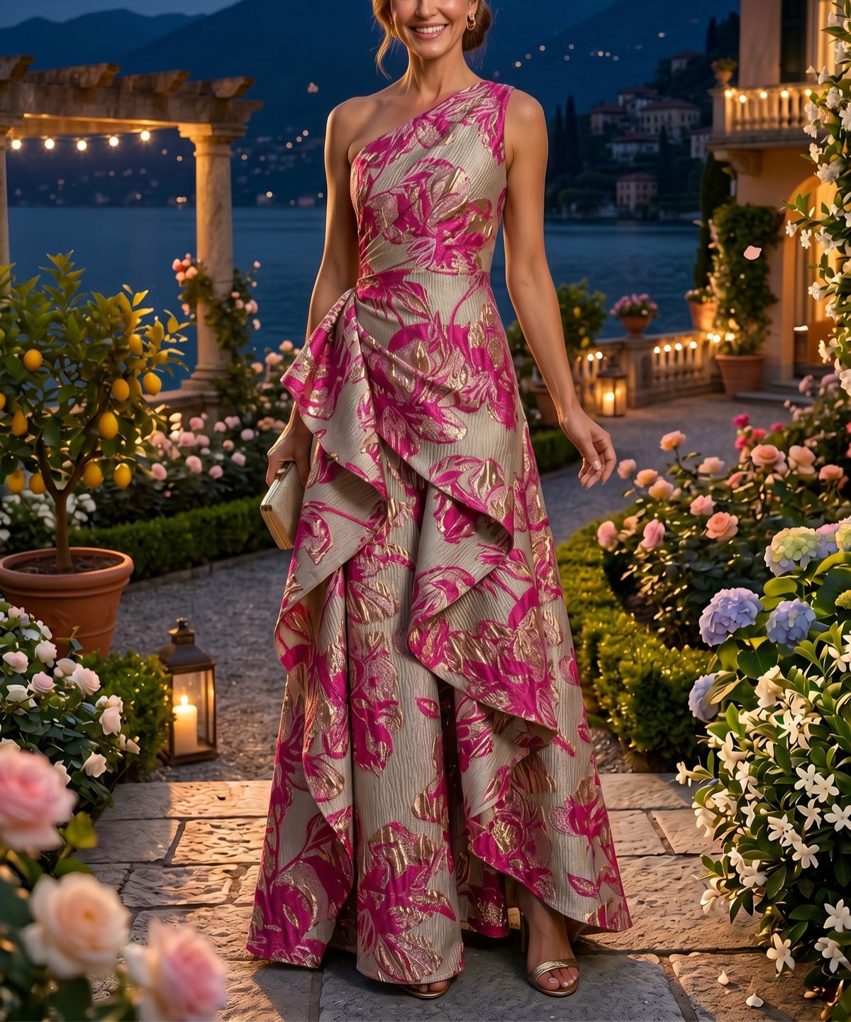 Floral Print A-Line/Princess One Shoulder Floor-Length Evening Dresses with Ruffles