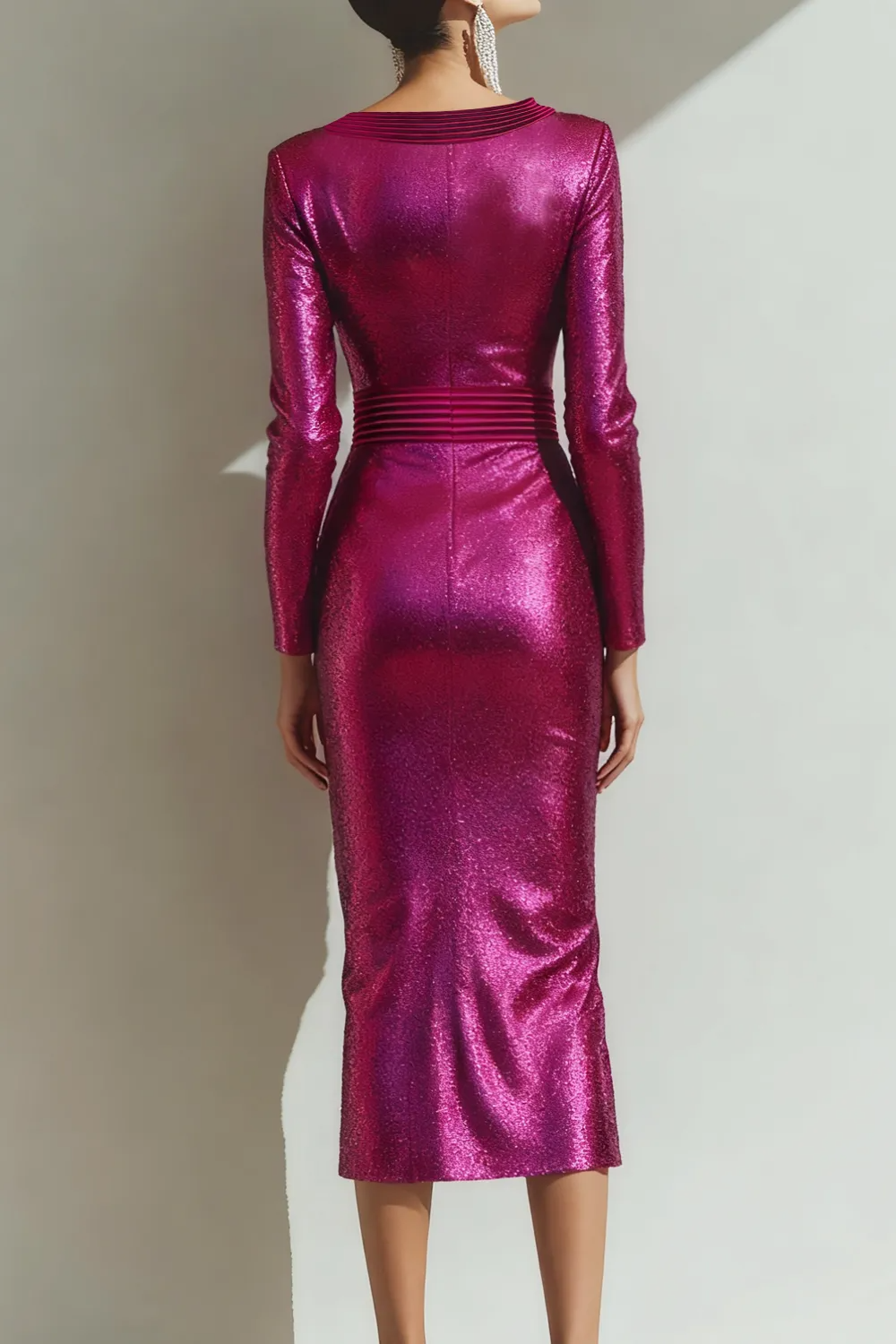 Formal Evening Dress Bodycon Fuchsia V-Neck Sequin Midi Dress