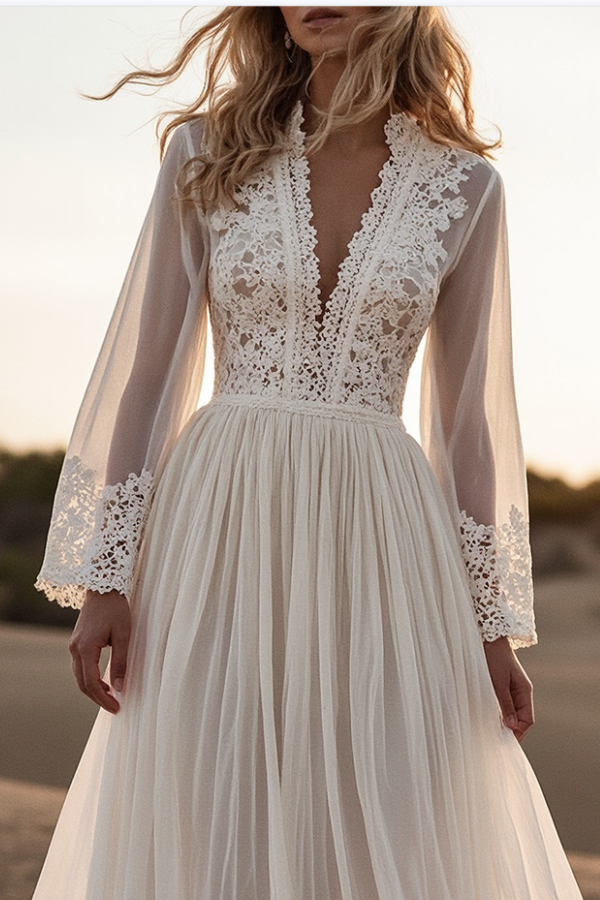 Bohemian Lace Dress White Deep V Maxi Dress