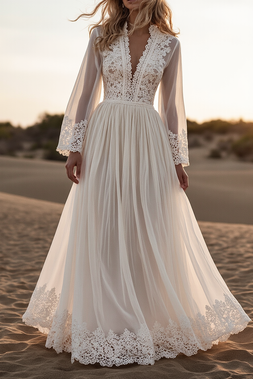 Bohemian Lace Dress White Deep V Maxi Dress