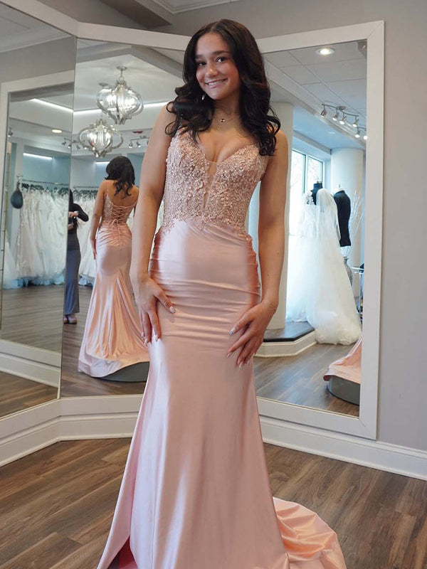 Light Pink Mermaid Spaghetti Straps Satin Appliques Long Prom Dress