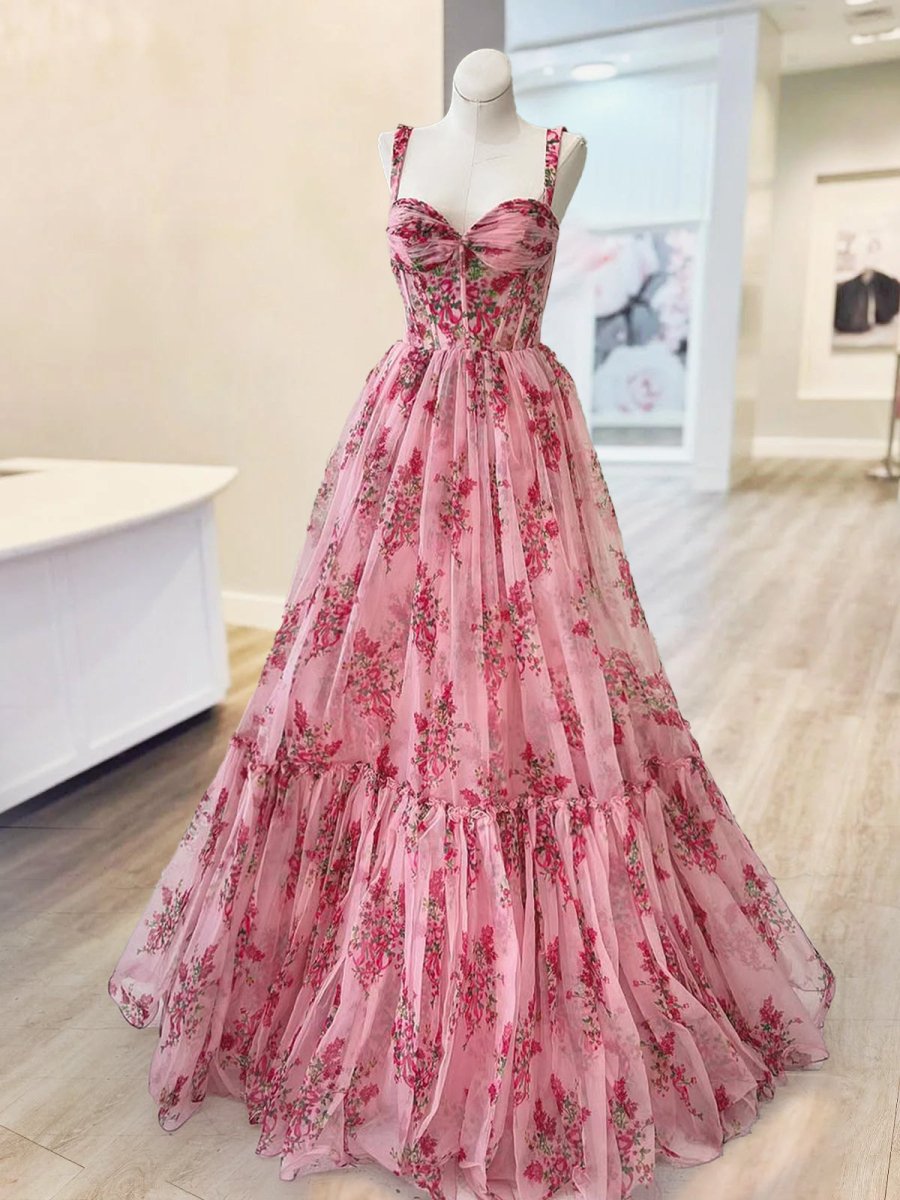 Pink A Line Sweetheart Floral Printed Chiffon Long Prom Dress with Bow