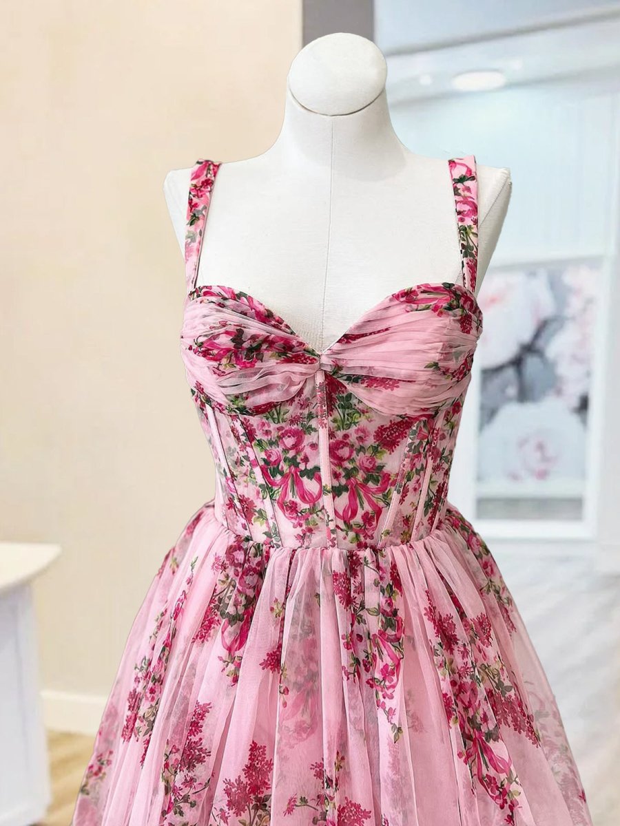 Pink A Line Sweetheart Floral Printed Chiffon Long Prom Dress with Bow