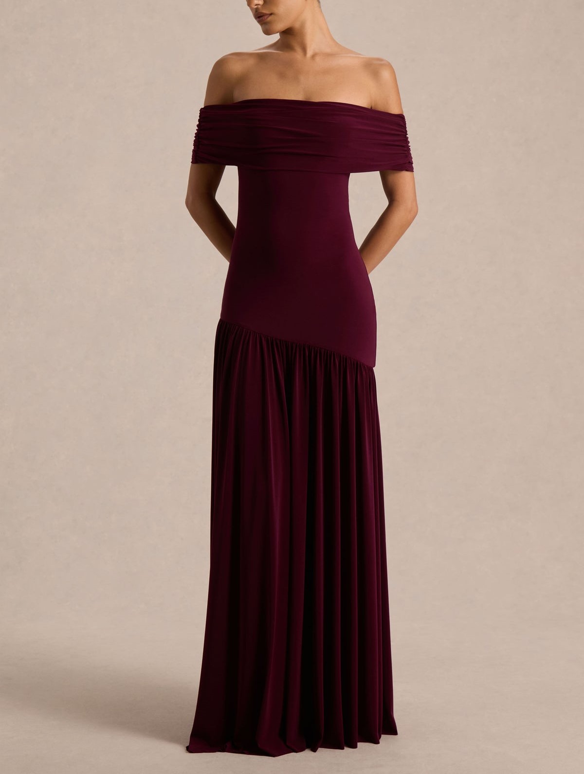 Burgundy Bardot Maxi Dress With Drop-Waist