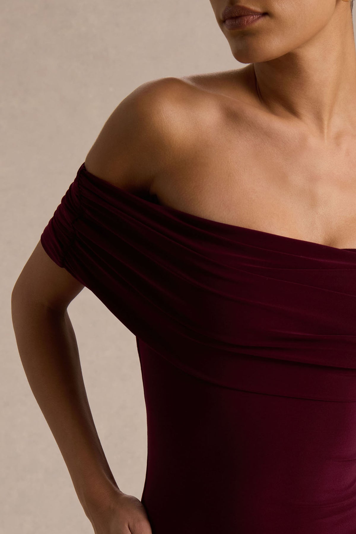 Burgundy Bardot Maxi Dress With Drop-Waist