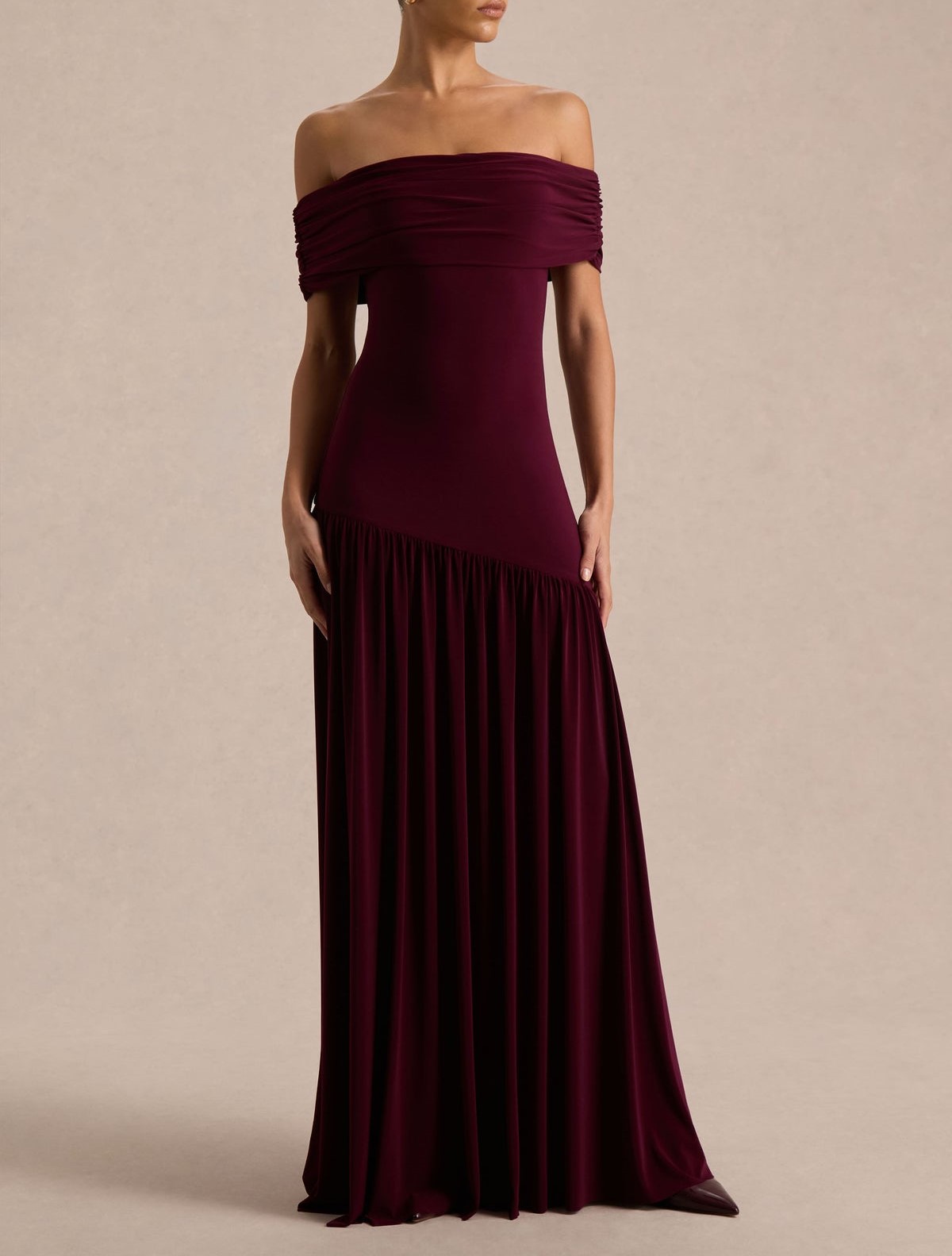 Burgundy Bardot Maxi Dress With Drop-Waist