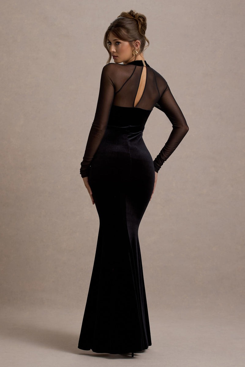 Black Velvet Bodycon Split Maxi Dress With Sheer Sleeves