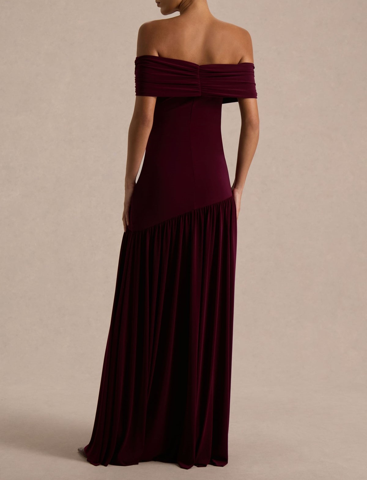 Burgundy Bardot Maxi Dress With Drop-Waist