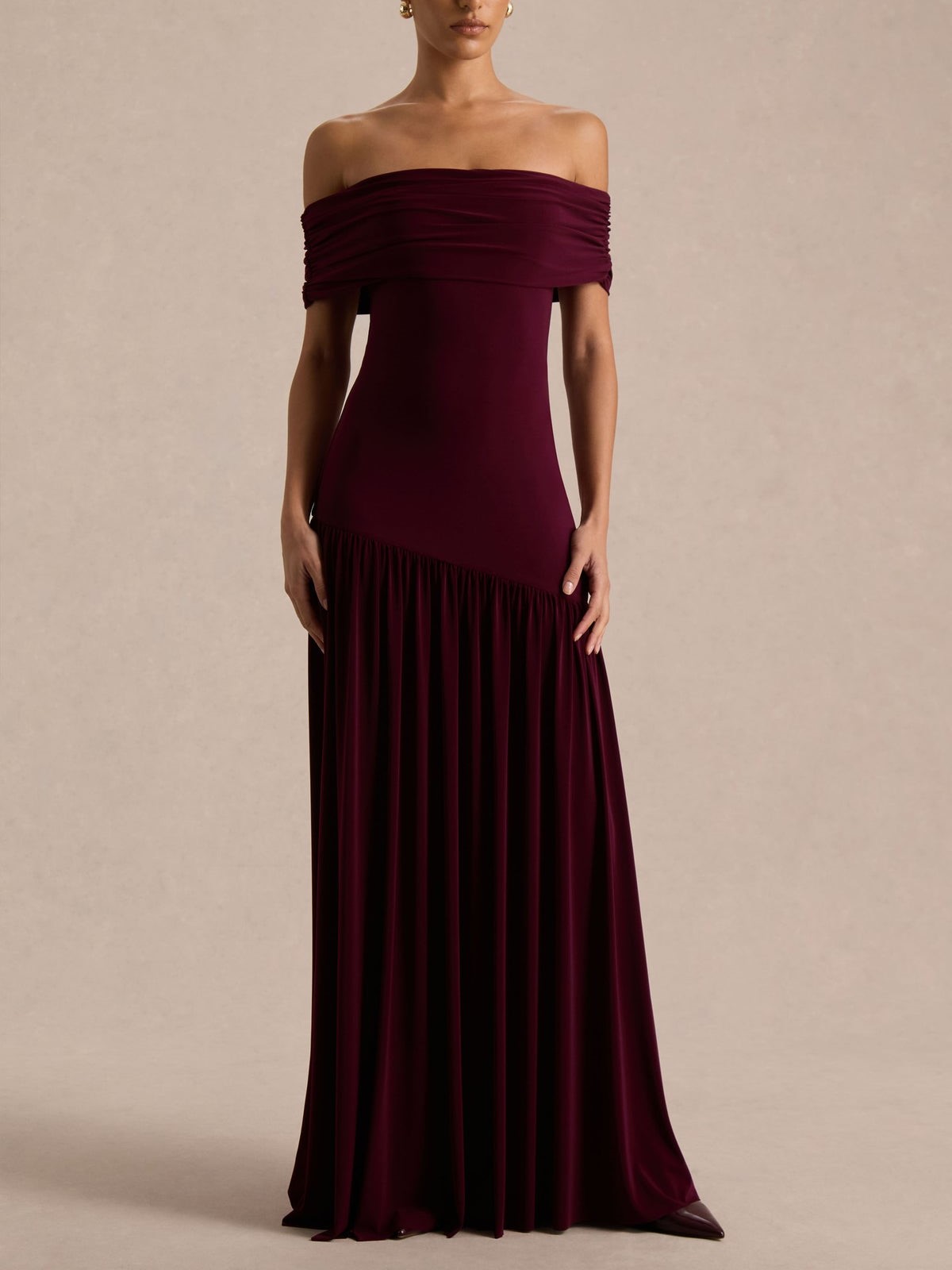 Burgundy Bardot Maxi Dress With Drop-Waist