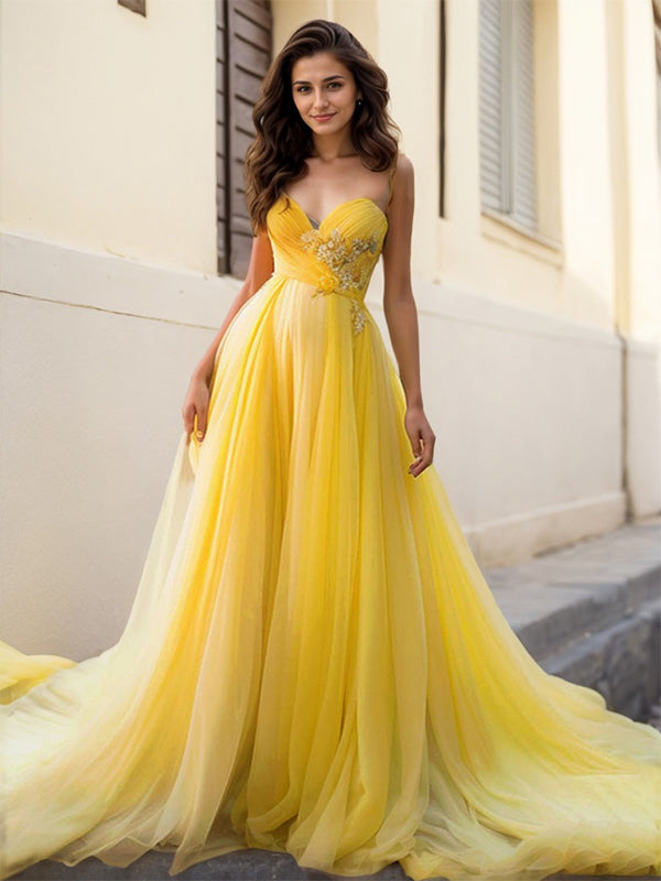 Yellow A Line Strapless Sweetheart Tulle Long Prom Dress