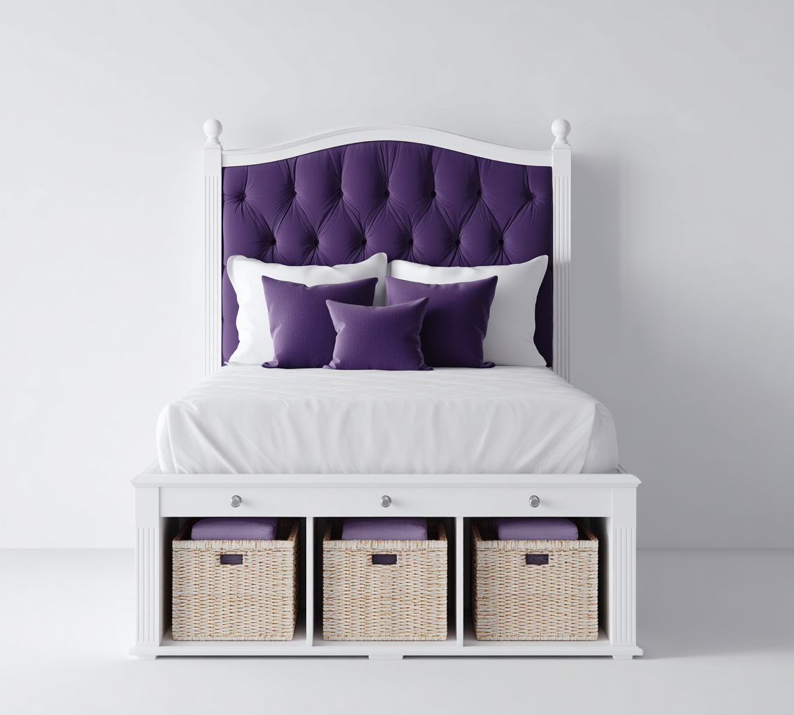 Camas individuales - madera-tela - 200x100x120 cm - blanco-violeta - estilo clásico con almacenaje-Nestleure