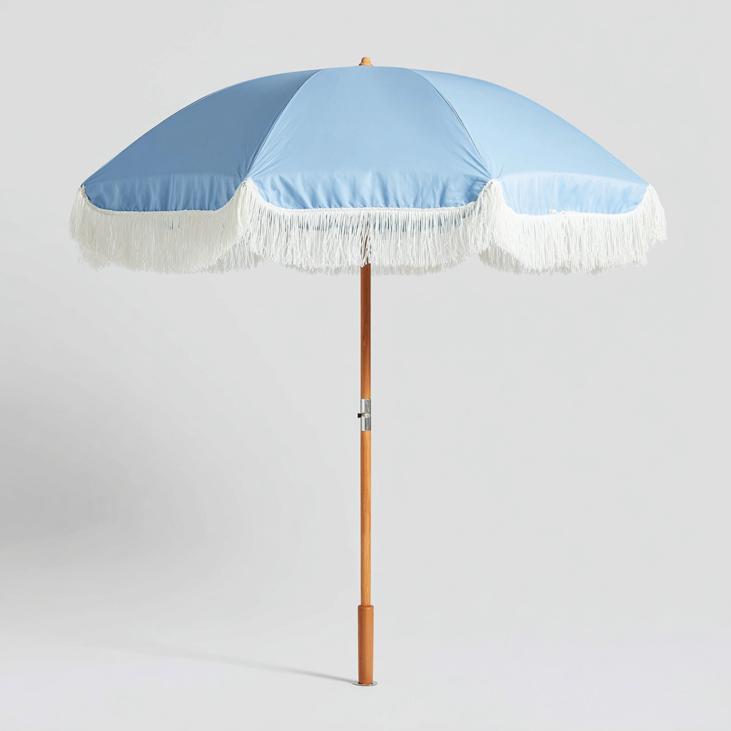 Sombrilla de jardín - madera-poliéster 250x250x255 cm - azul claro - estilo retro con flecos blancos-Nestleure