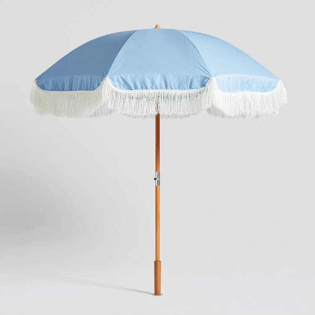 Sombrilla de jardín - madera-poliéster 250x250x255 cm - azul claro - estilo retro con flecos blancos-Nestleure