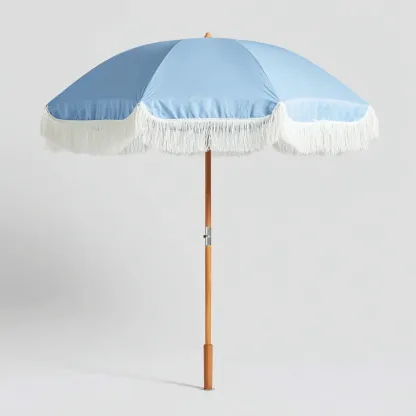 Sombrilla de jardín - madera-poliéster 250x250x255 cm - azul claro - estilo retro con flecos blancos-Nestleure