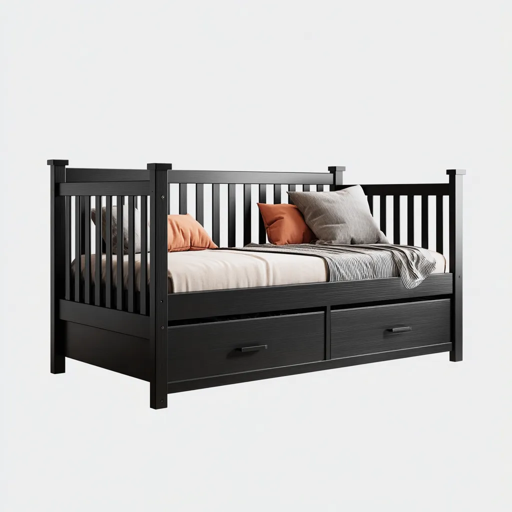 Sofá cama - madera maciza - 208x98x90 cm - negro - diseño moderno con cajones de almacenamiento-Nestleure