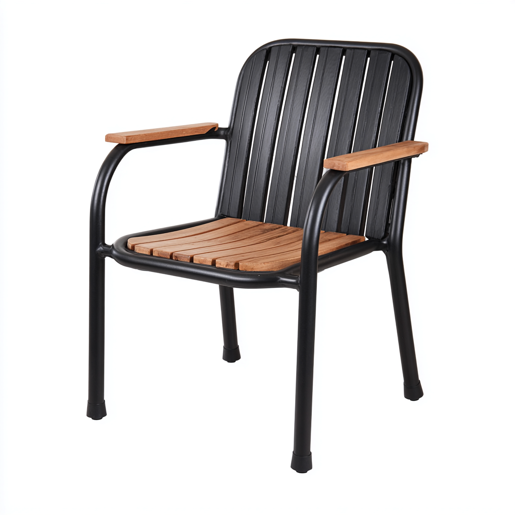 Silla de jardín - metal-madera - 57x55x85 cm - negro-madera natural - con reposabrazos y diseño moderno resistente-Nestleure