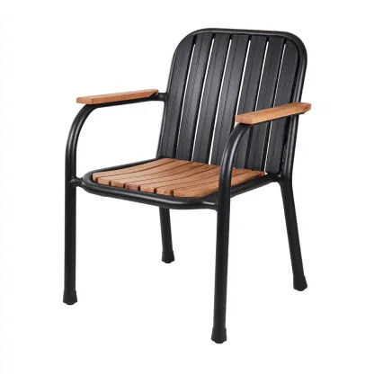 Silla de jardín - metal-madera - 57x55x85 cm - negro-madera natural - con reposabrazos y diseño moderno resistente-Nestleure