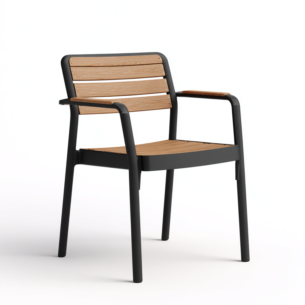 Silla de jardín - metal-madera - 56x55x84 cm - negro-madera natural - con reposabrazos y diseño contemporáneo-Nestleure
