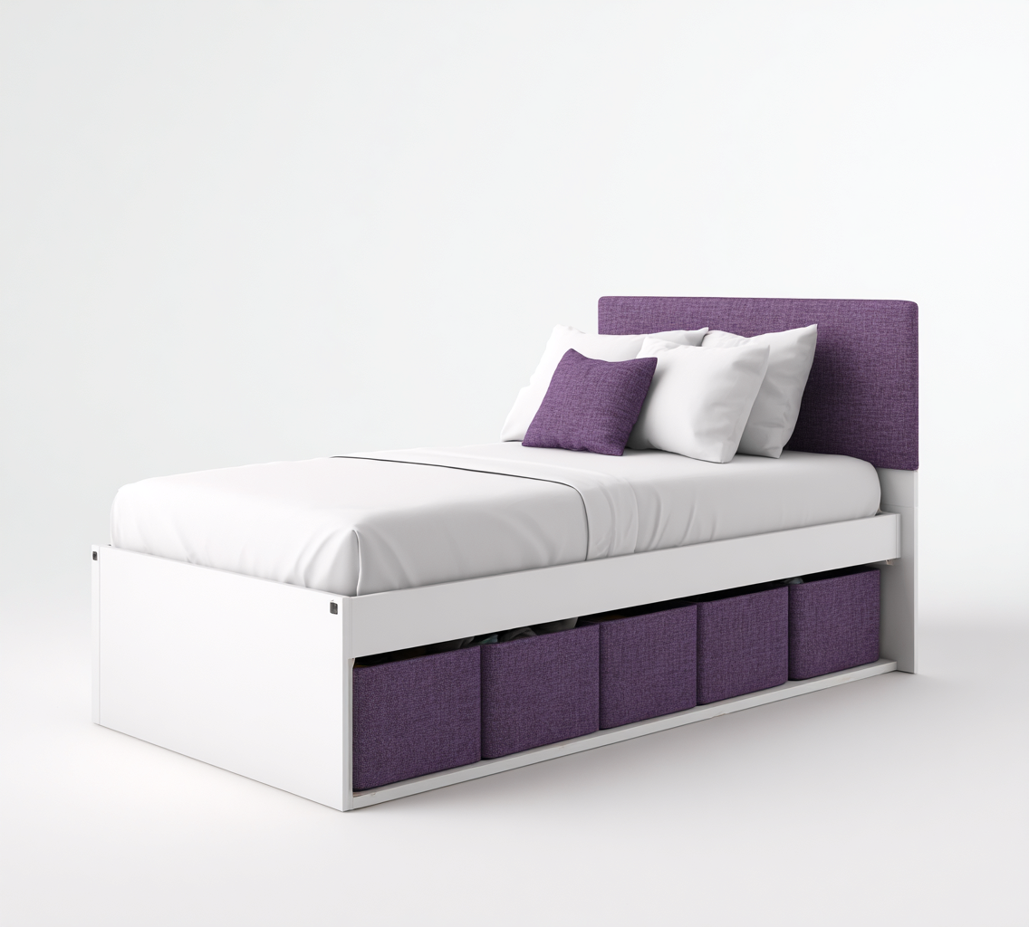 Camas individuales - madera-tela - 200x100x95 cm - blanco-violeta - estilo moderno con almacenaje-Nestleure
