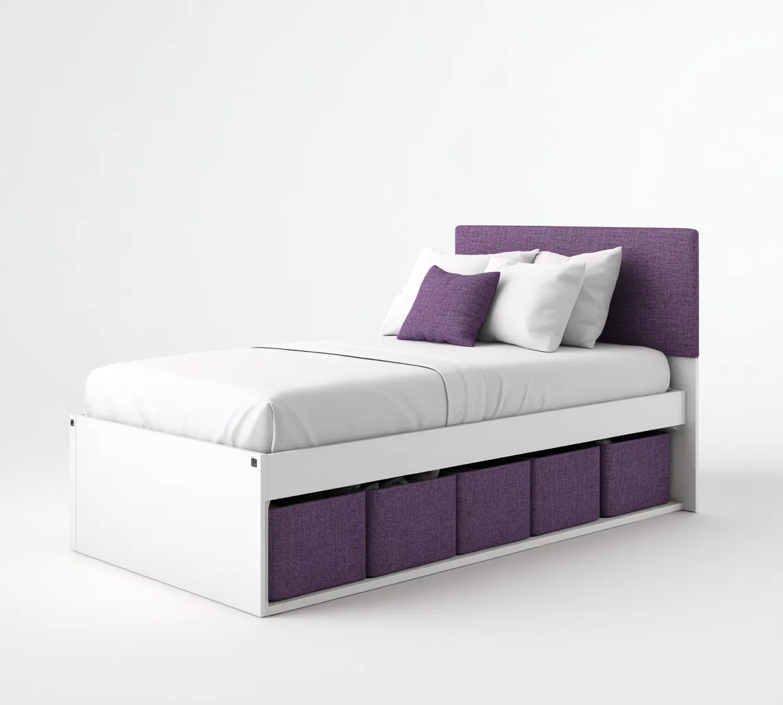 Camas individuales - madera-tela - 200x100x95 cm - blanco-violeta - estilo moderno con almacenaje-Nestleure